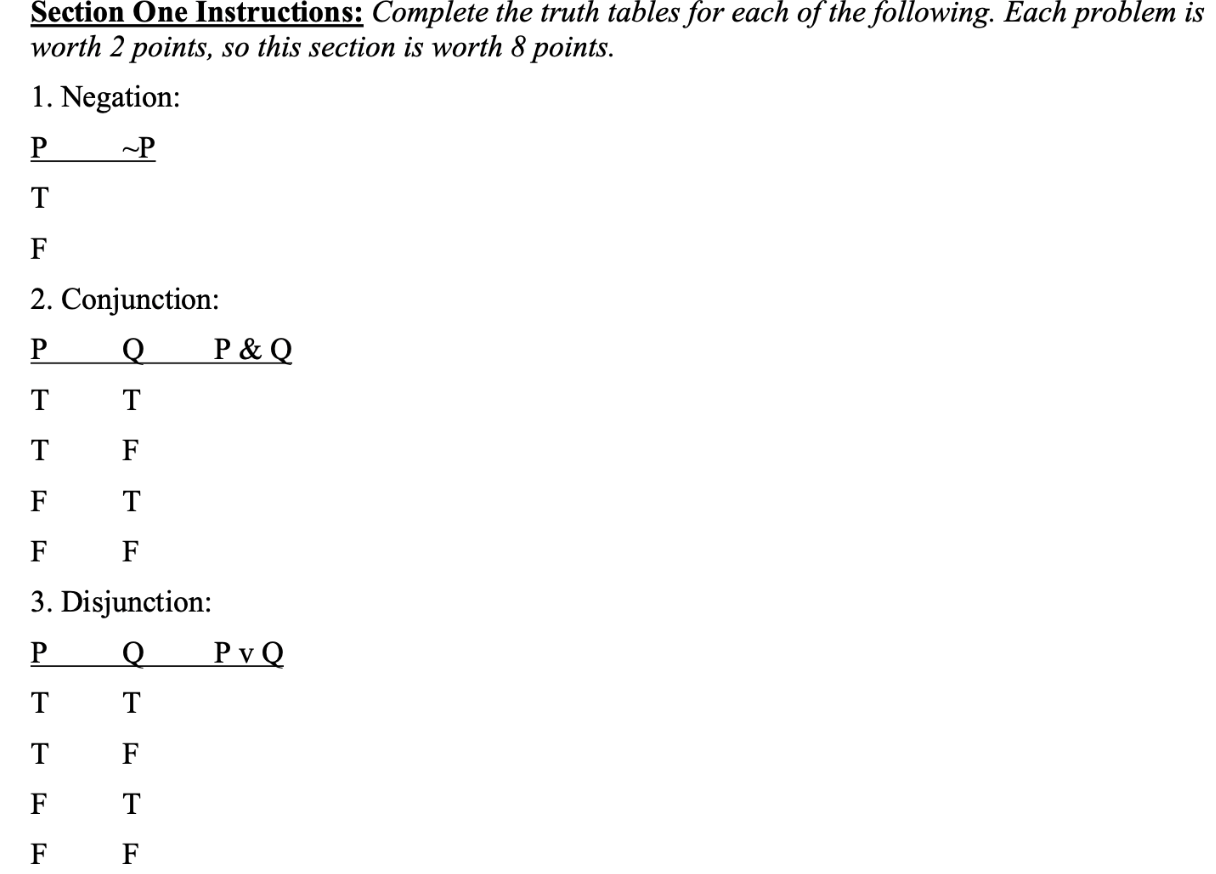 Section One Instructions: Complete the truth tables | Chegg.com