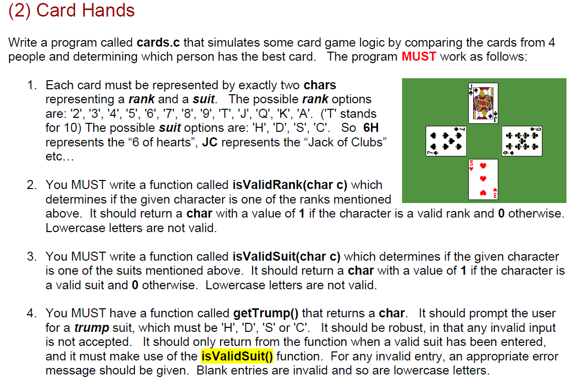 (2) Card Hands Write a program called cards.c that | Chegg.com