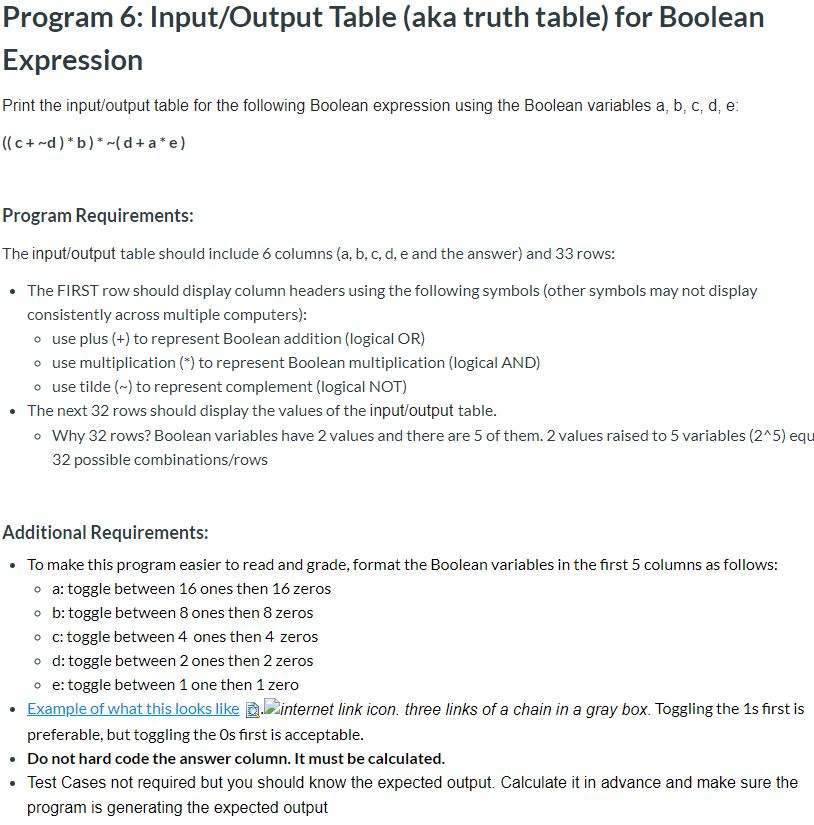 Program 6: Input/Output Table (aka truth table) for | Chegg.com