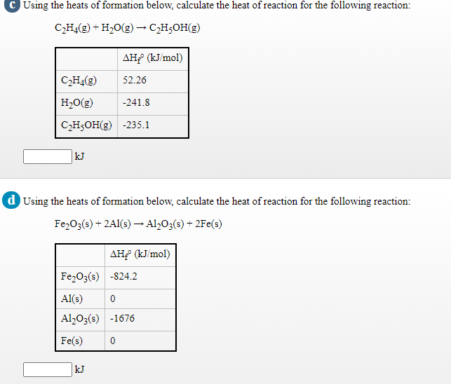 Solved C Using the heats of formation below calculate the Chegg