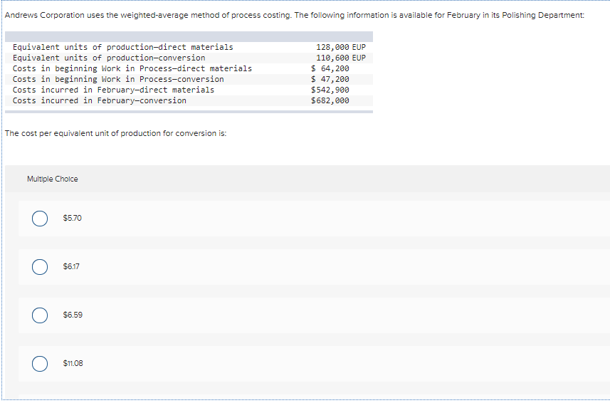 Solved Andrews Corporation Uses The Weighted Average Method 8956