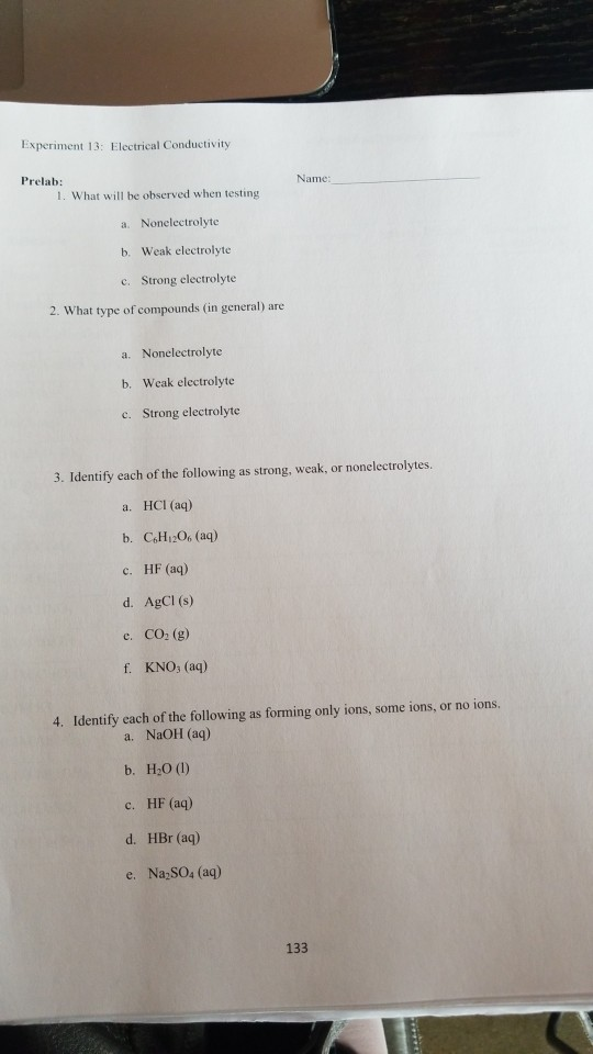 Solved Experiment 13: Electrical Conductivity Prelab: Name | Chegg.com