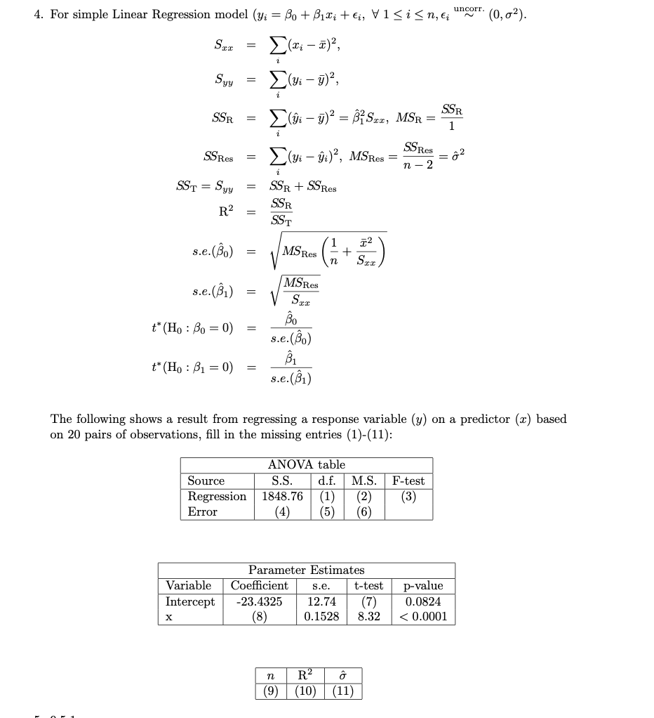 Solved 4. For Simple Linear Regression Model | Chegg.com