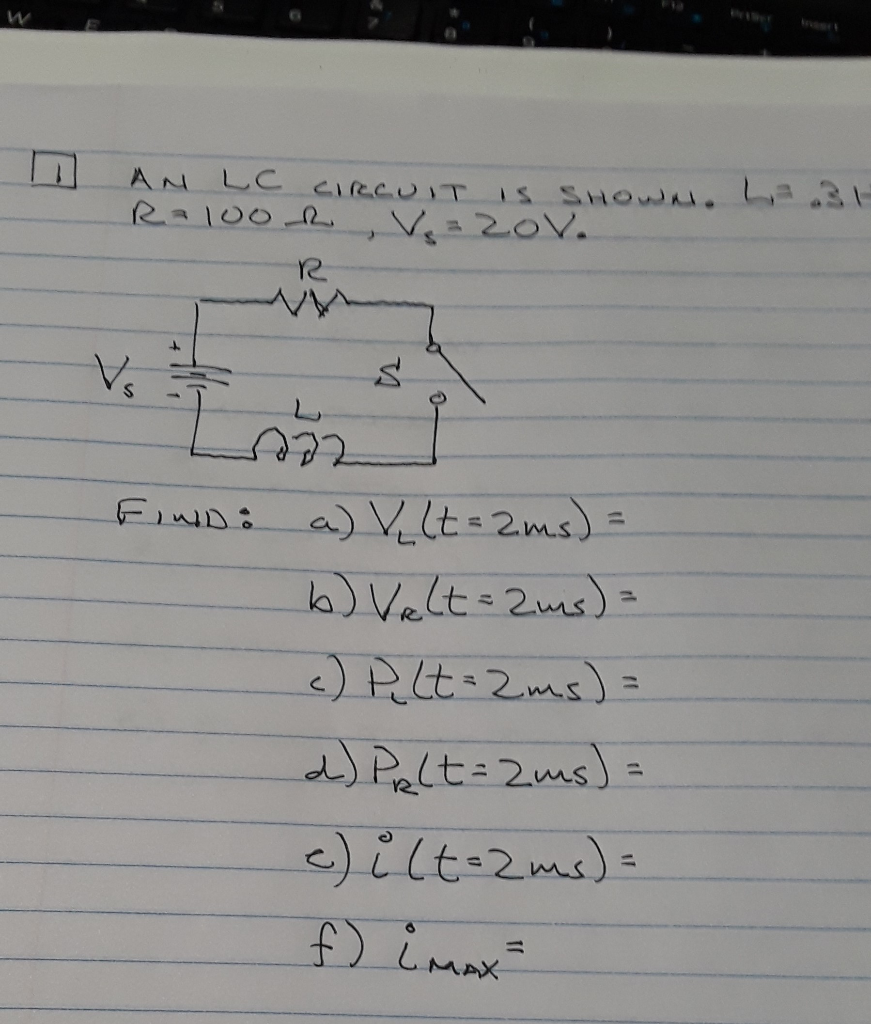 Solved W An Lc Circuit Is Shown Le R 100 R V Zov R Vs Chegg Com