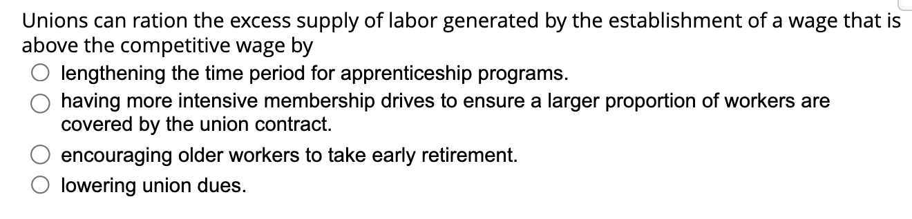 Solved Unions can ration the excess supply of labor | Chegg.com