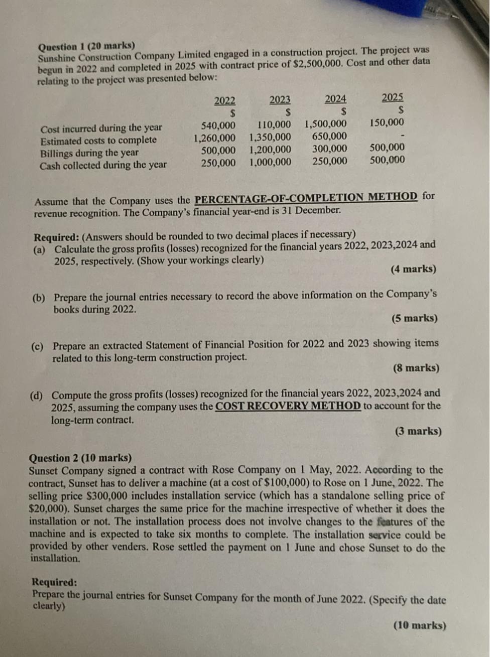 Question 1 (20 marks)
Sunshine Construction Company Limited engaged in a construction project. The project was begun in 2022