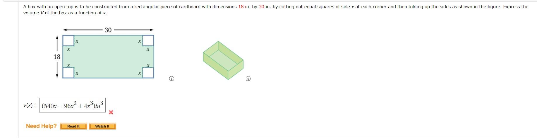 \[
V(x)=\left(540 x-96 x^{2}+4 x^{3}\right) i n^{3}
\]
\( x \)