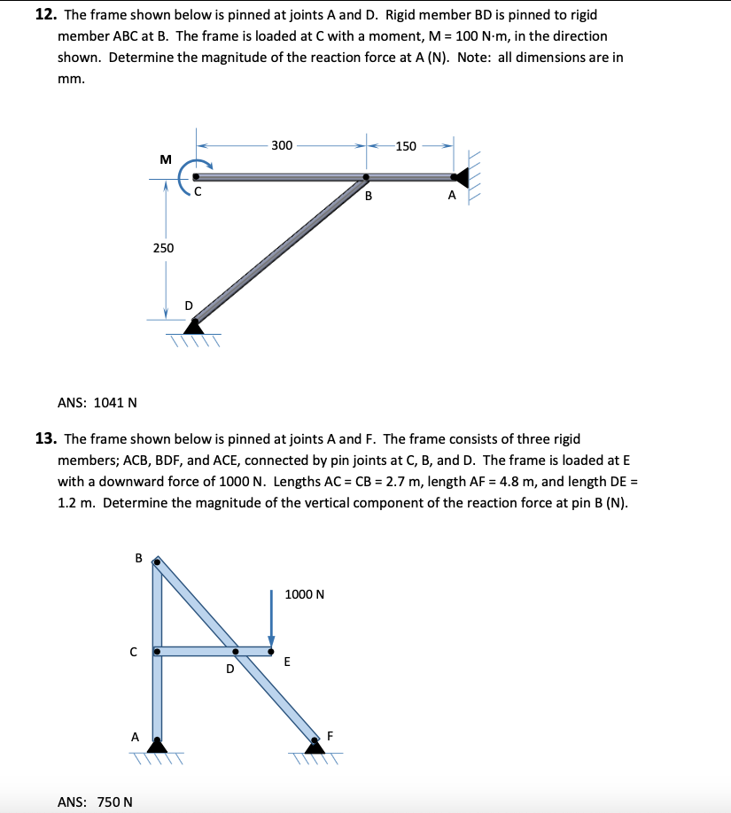 Solved 12. The frame shown below is pinned at joints A and | Chegg.com