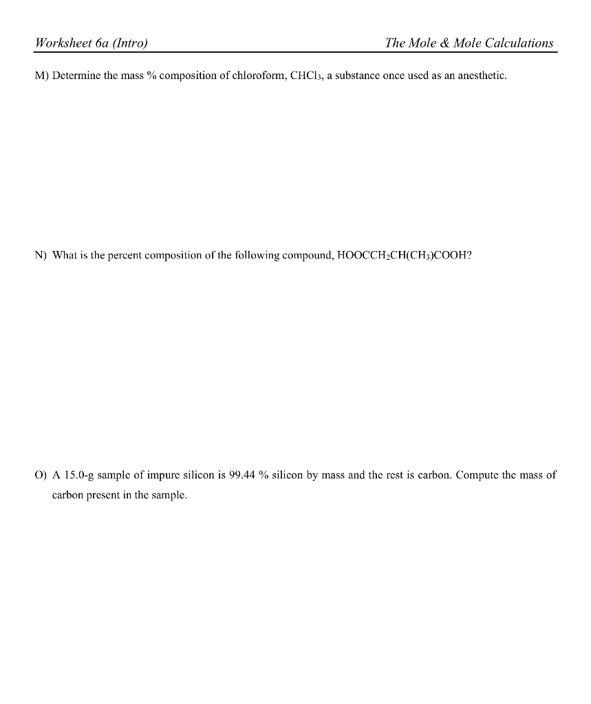 Solved Worksheet 20a (Intro) The Mole & Mole Calculations M Within Percent Composition Worksheet Answers