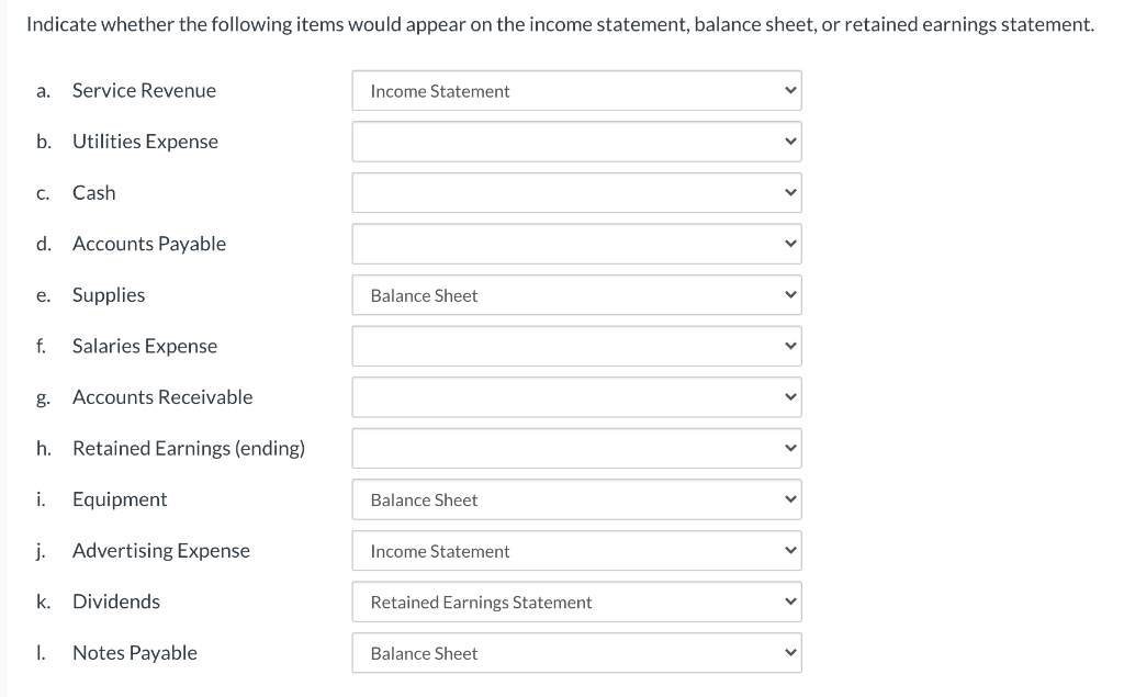 Solved Indicate whether the following items would appear on | Chegg.com