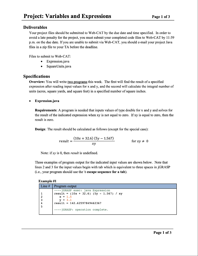 Solved Project: Variables and Expressions Page 1 of 3 | Chegg.com