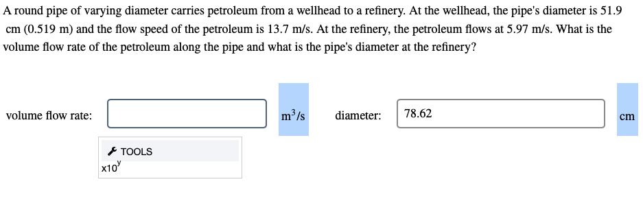 Solved A round pipe of varying diameter carries petroleum | Chegg.com