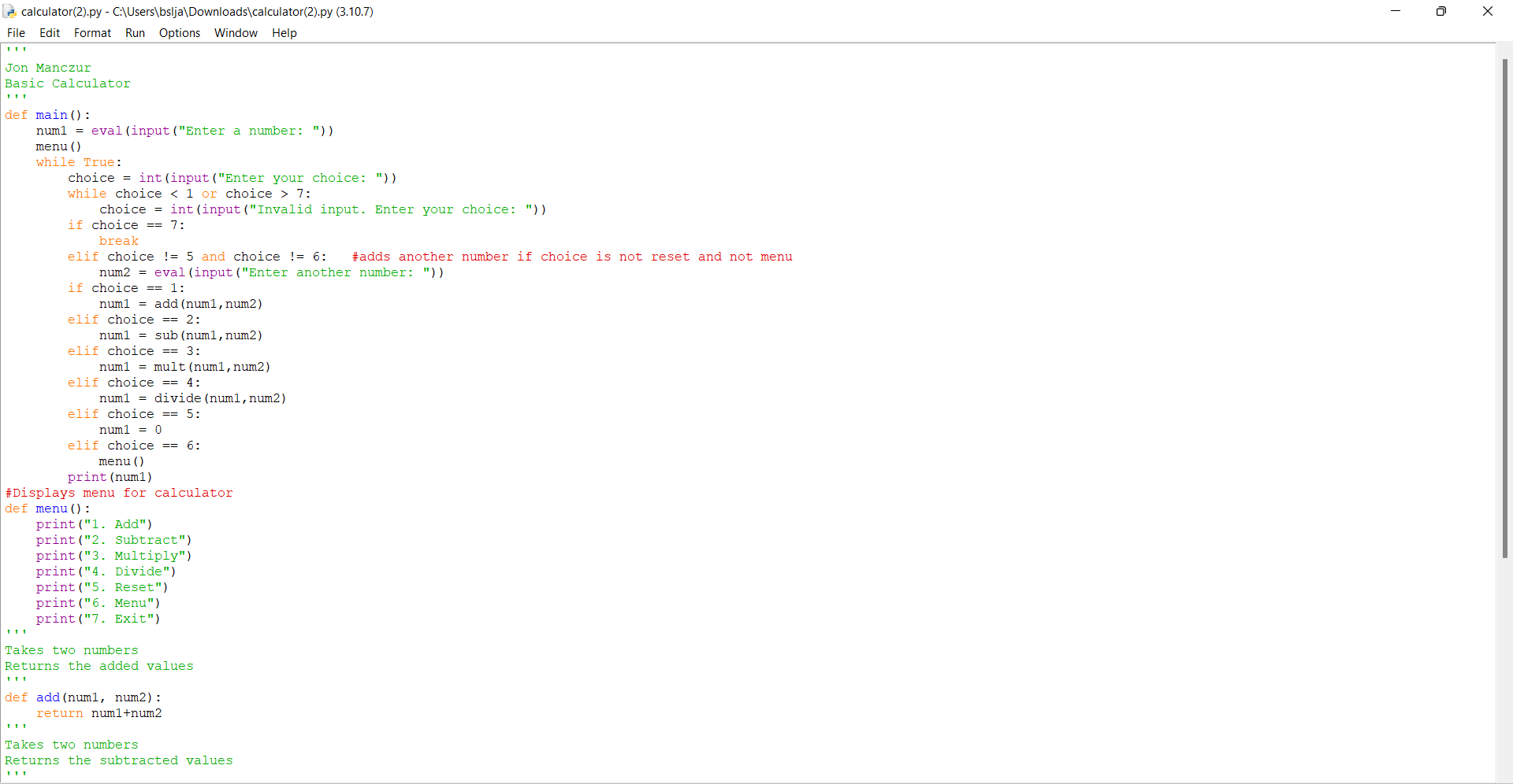 File Edit Format Run Options Window Help Jon Manczur | Chegg.com