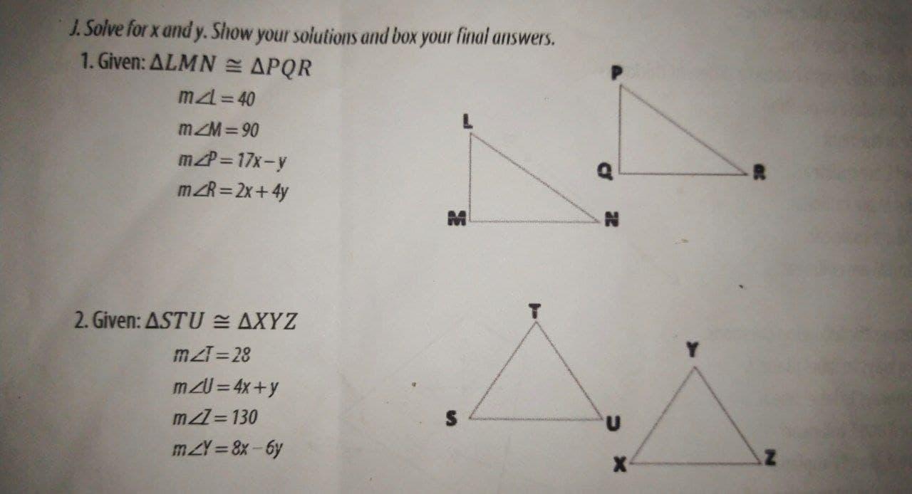 Solved J. Solve for x and y. Show your solutions and box | Chegg.com