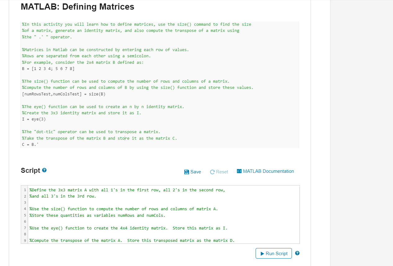 Solved MATLAB Defining Matrices In this activity you will