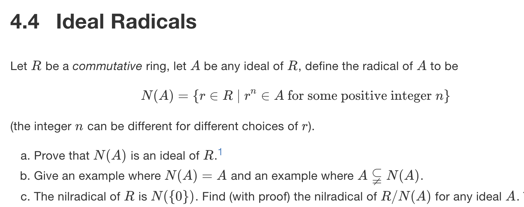 Solved 4.4 Ideal Radicals Let R be a commutative ring, let A | Chegg.com