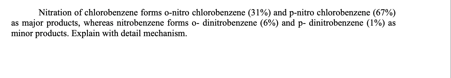 Nitration of chlorobenzene forms o-nitro chlorobenzene (31\%) and p-nitro chlorobenzene (67\%) as major products, whereas nit