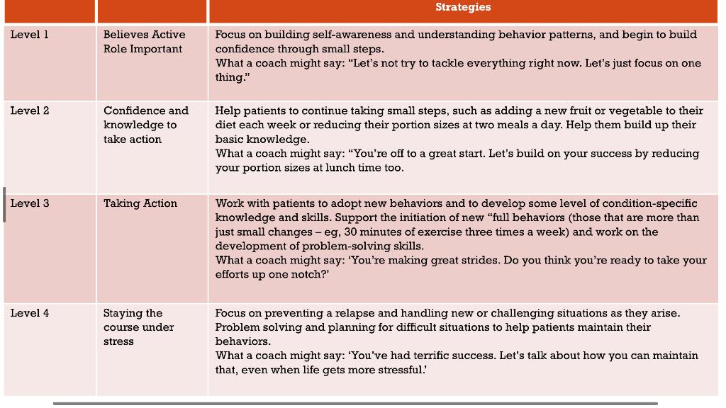 Strategies Level 1 Believes Active Role Important Focus on building self-awareness and understanding behavior patterns, and b