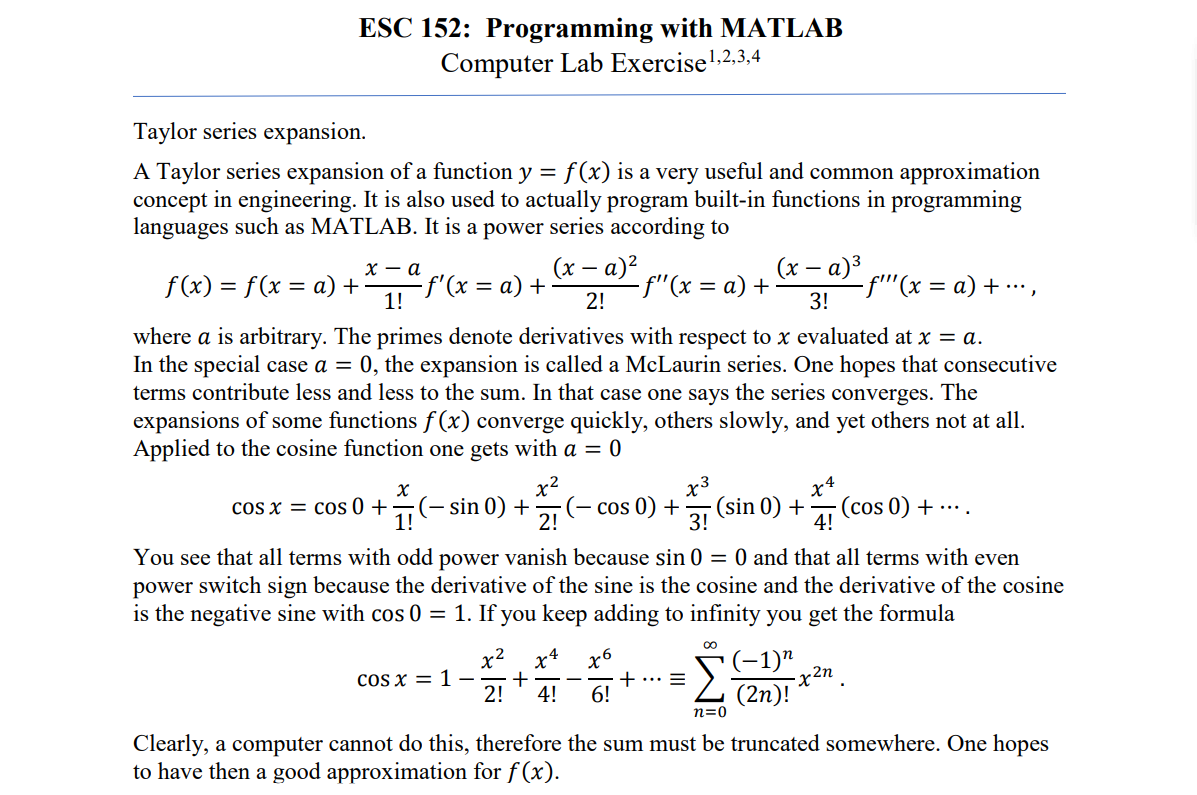 Solved ESC 152: Programming with MATLAB Computer Lab | Chegg.com