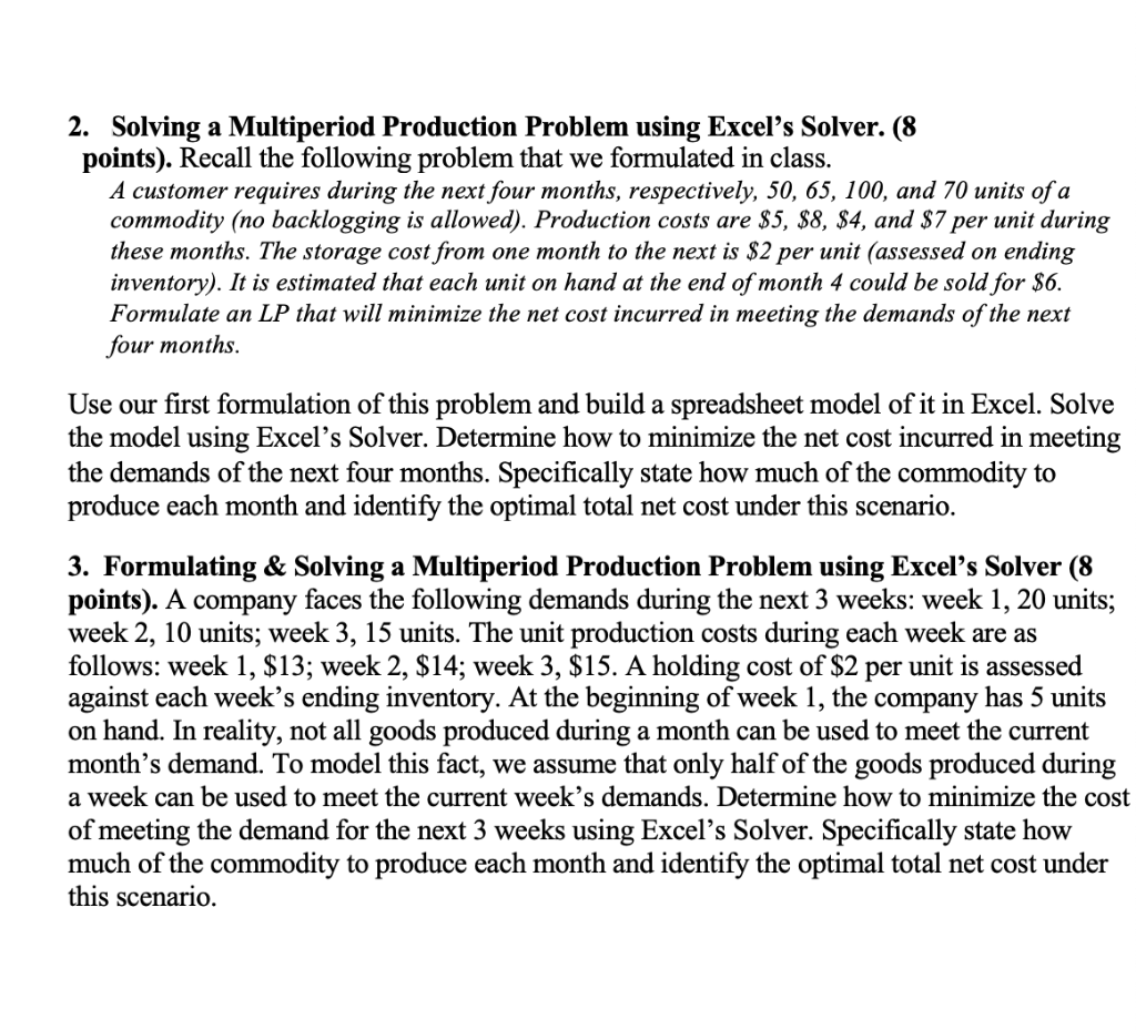 Solved 2. Solving a Multiperiod Production Problem using | Chegg.com