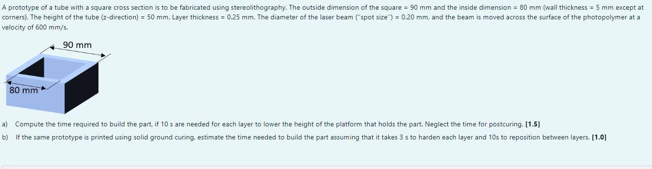 A prototype of a tube with a square cross section is to be fabricated using stereolithography. The outside dimension of the s