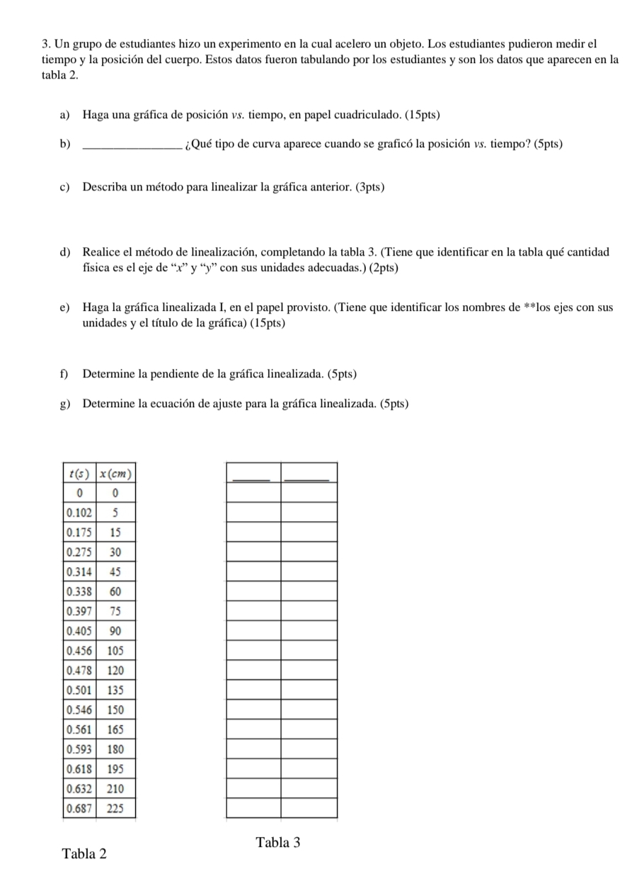 3. Un grupo de estudiantes hizo un experimento en la cual acelero un objeto. Los estudiantes pudieron medir el tiempo y la po