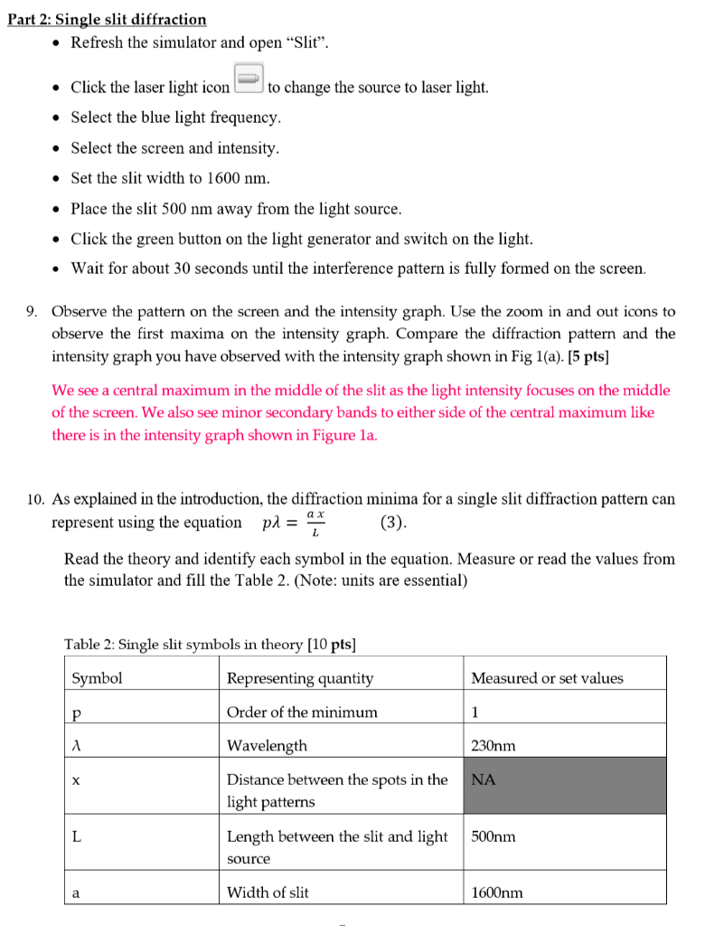 Part 2: Single slit diffraction • Refresh the | Chegg.com
