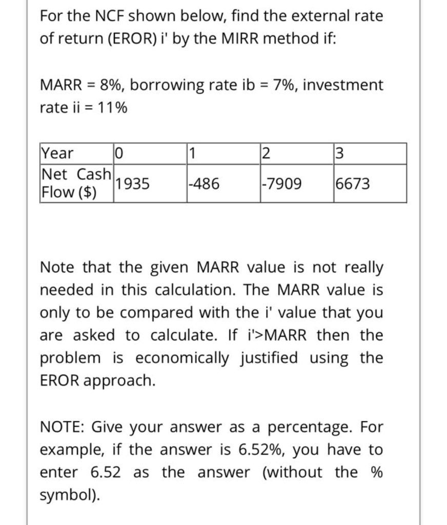 Solved For the NCF shown below, find the external rate of | Chegg.com