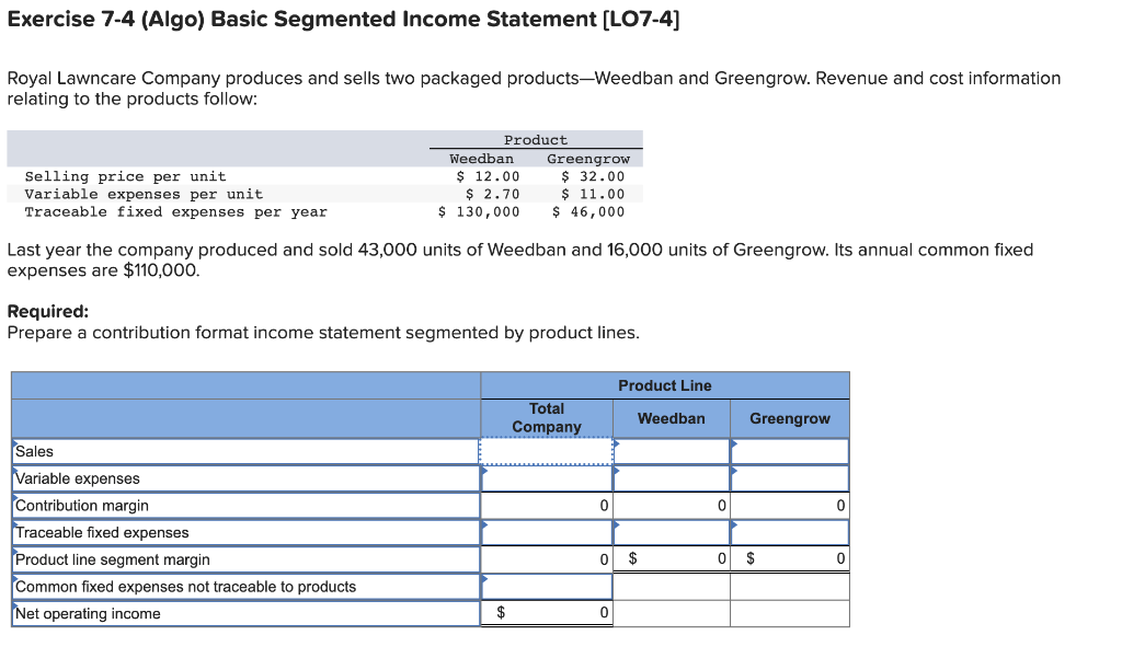 Solved Exercise 7-4 (Algo) Basic Segmented Income Statement | Chegg.com