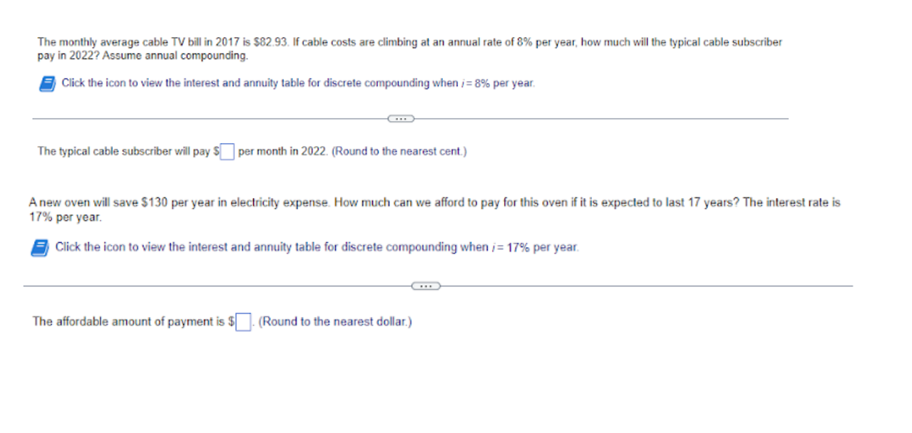 Solved The monthly average cable TV bill in 2017 is 82.93.