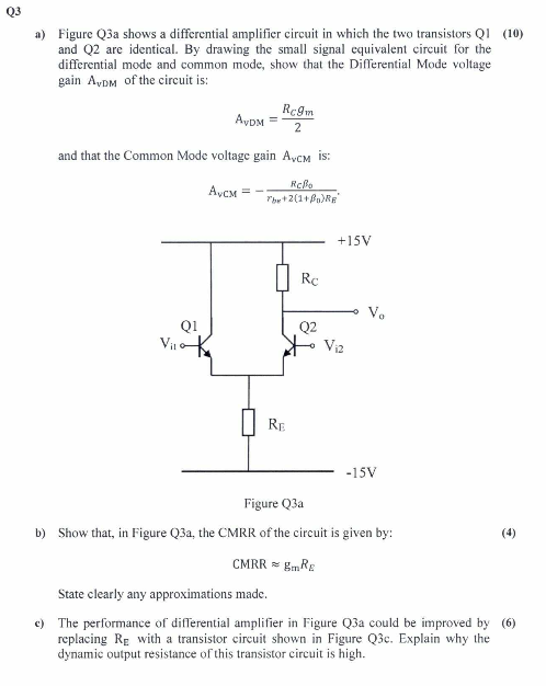 Solved Q3 a) Figure Q3a shows a differential amplifier | Chegg.com