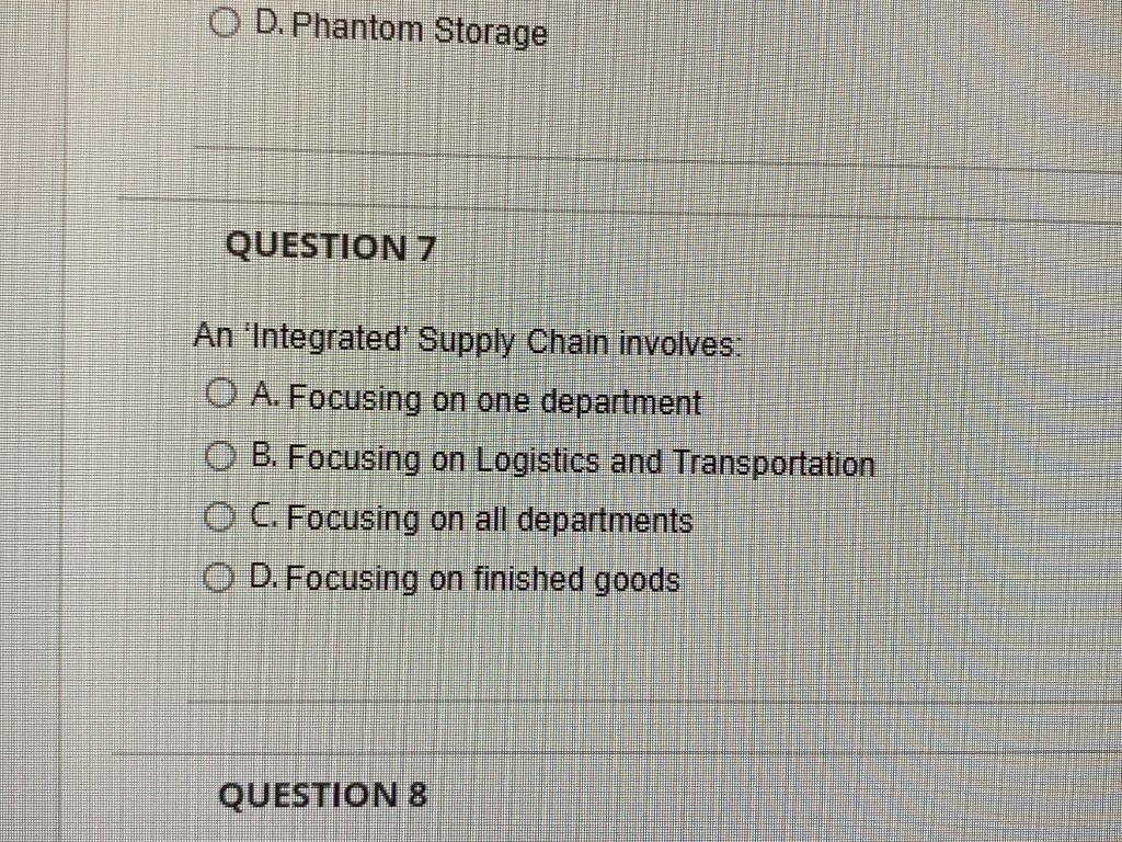 Solved O D. Phantom Storage QUESTION 7 An 'Integrated Supply | Chegg.com