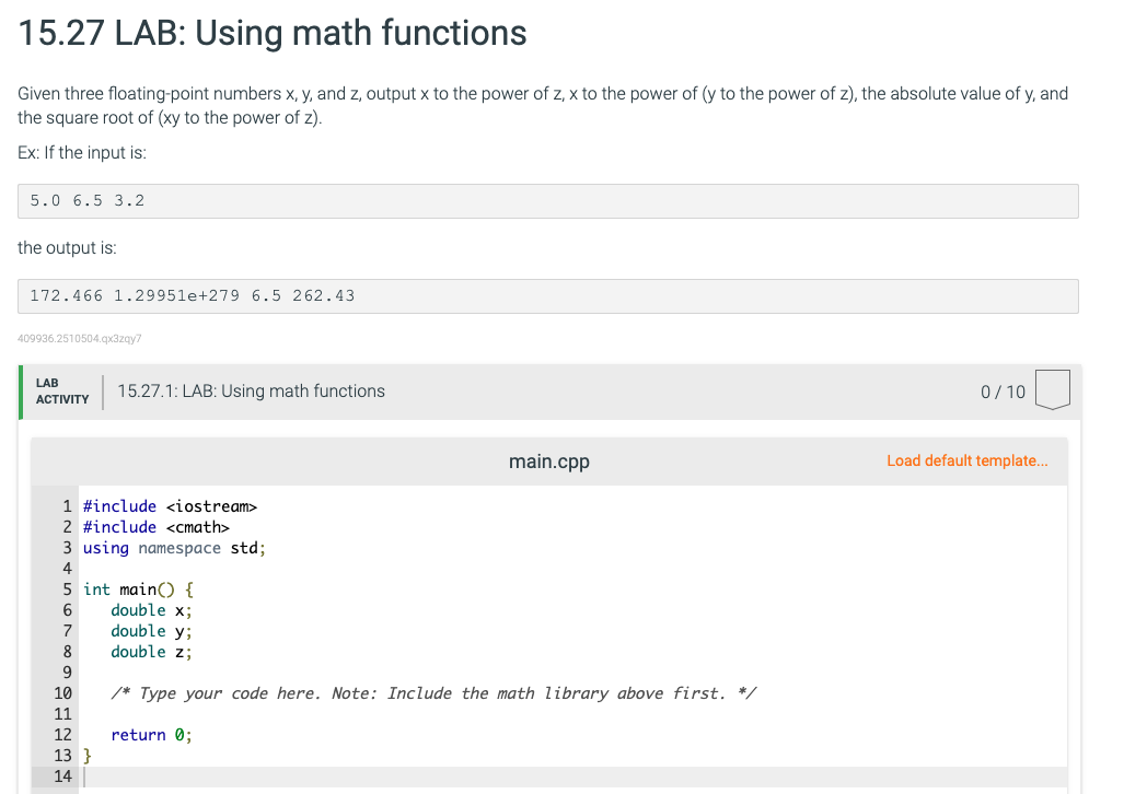 Solved 15.27 LAB: Using math functions Given three | Chegg.com