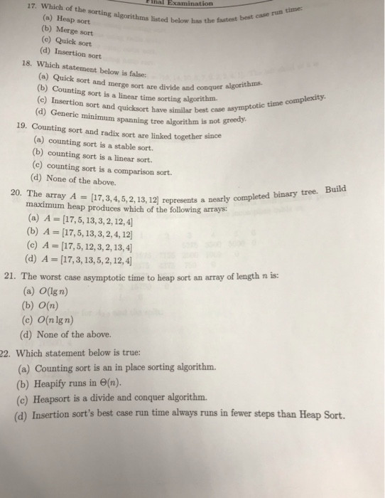 Solved Inal Examination 17. Which of the sorting algorithms | Chegg.com