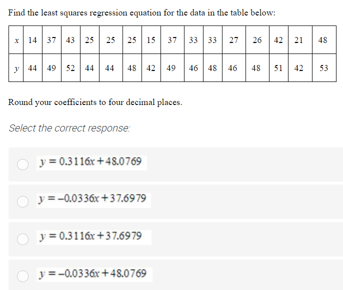 Solved Find the least squares regression equation for the | Chegg.com