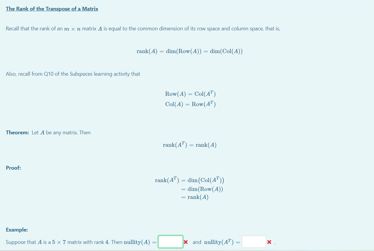 Solved The Rank of the Transpose of a Matrix Recall that the