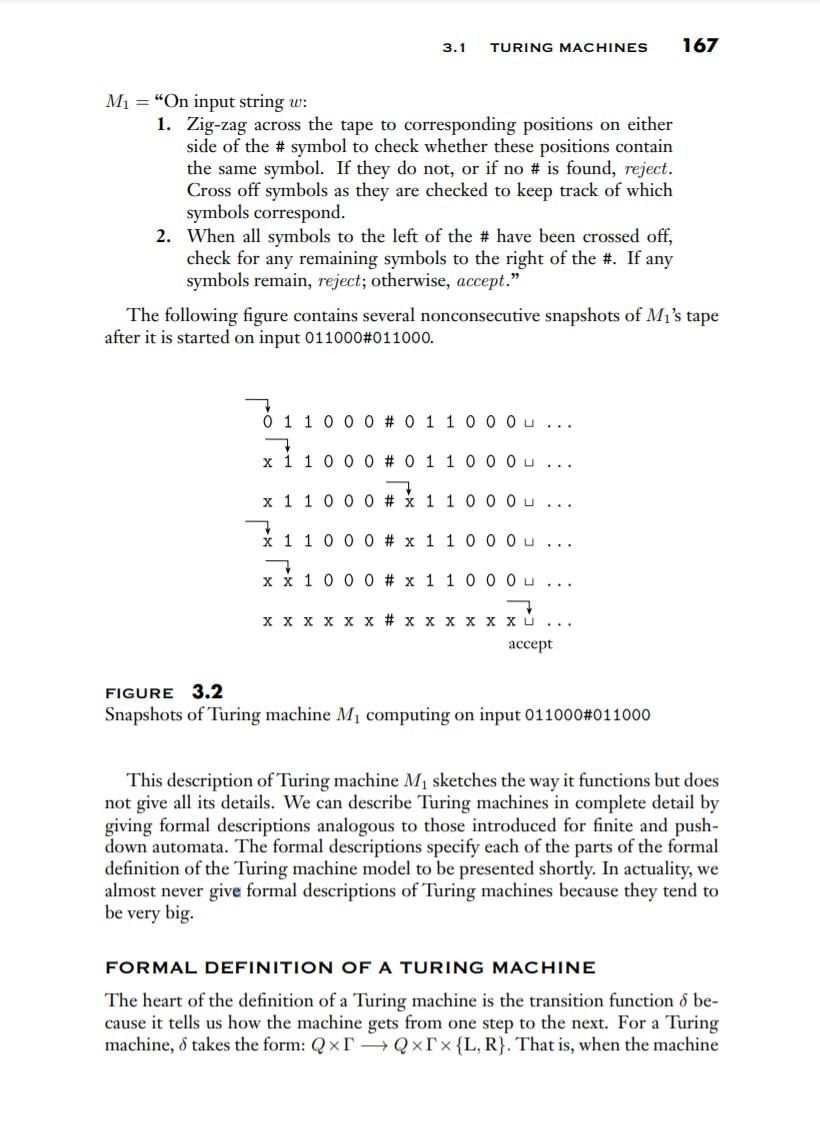 3.1 TURING MACHINES 167 M = "On input string w: 1. | Chegg.com