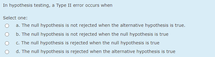 Solved In Hypothesis Testing, A Type II Error Occurs When | Chegg.com