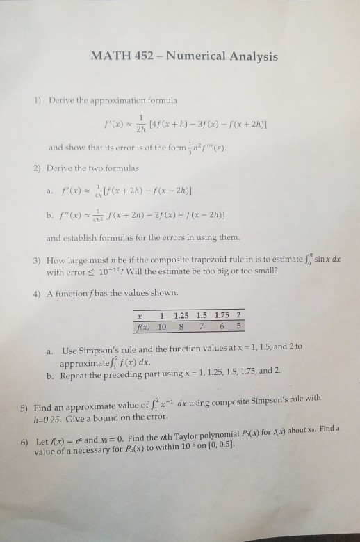 Solved Math 452 Numerical Analysis 1 Derive The Chegg