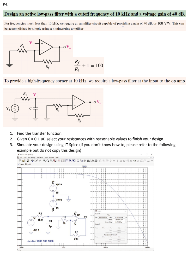 Solved Design an active lowpass filter with a cutoff Circuit Diagram
