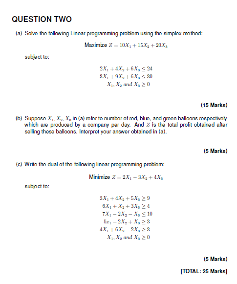 Solved QUESTION TWO (a) Solve The Following Linear | Chegg.com