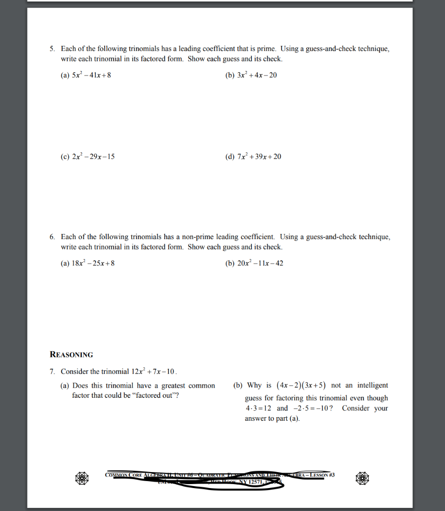 factoring by grouping common core algebra 1 homework answers