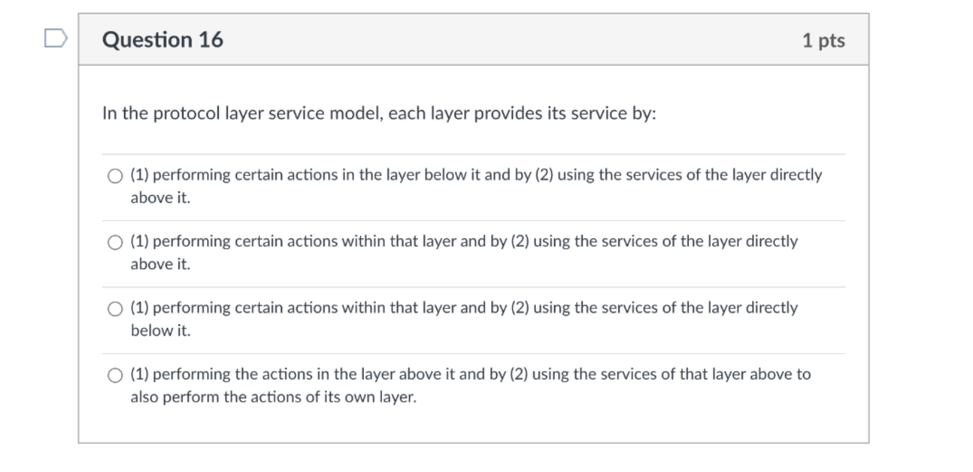 Solved Question 16 1 pts In the protocol layer service | Chegg.com