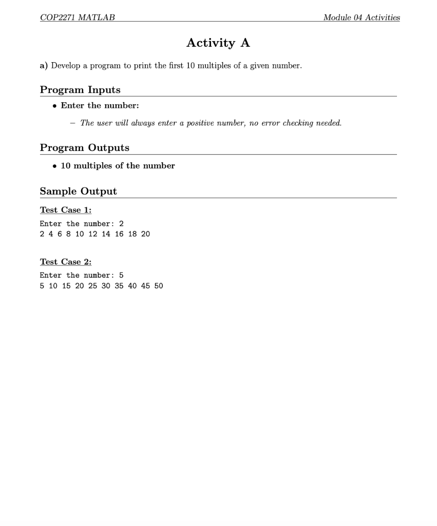 Solved COP2271 MATLAB Module 04 Activities Activity A a) | Chegg.com
