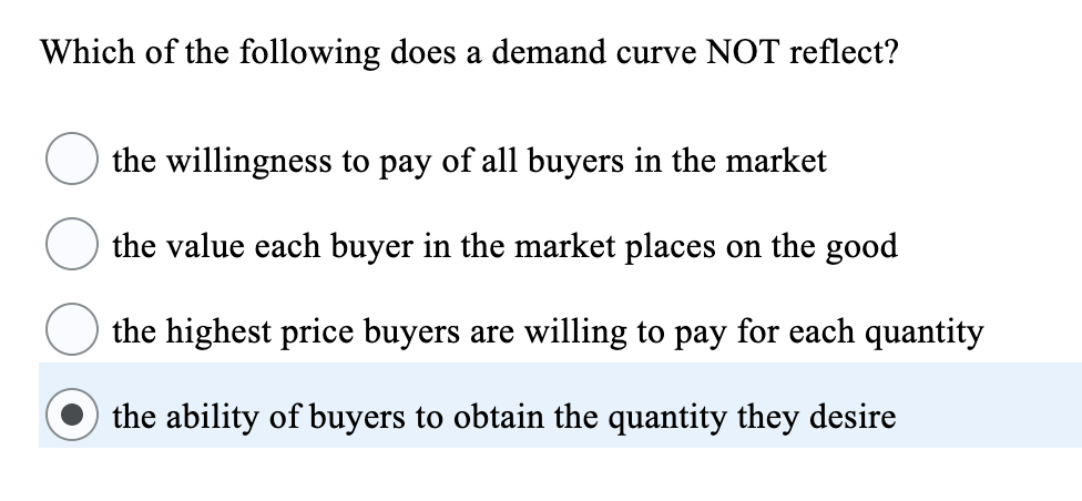 A Demand Curve Reflects Each Of The Following Except The Solved Which of the following does a demand curve NOT | Chegg.com