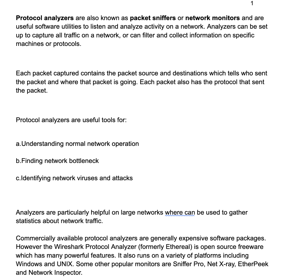 Solved Protocol analyzers are also known as packet sniffers | Chegg.com