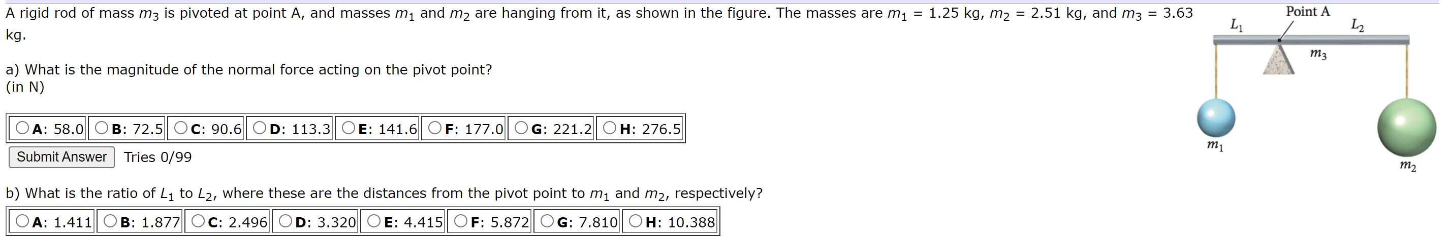 Solved A rigid rod of mass m3 is pivoted at point A, and | Chegg.com