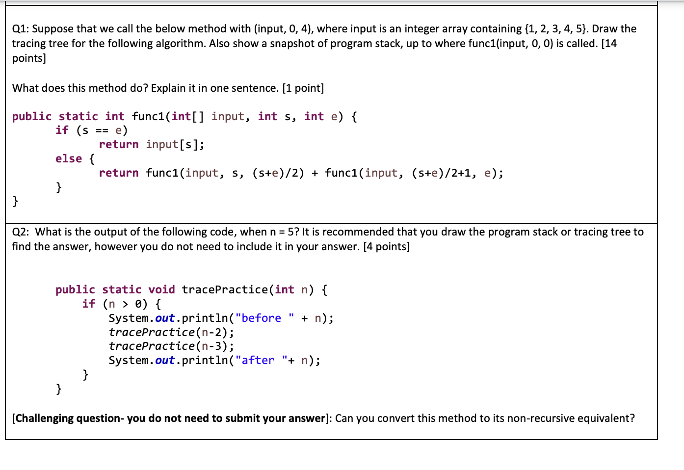 Solved Q1 Suppose That We Call The Below Method With Chegg Com