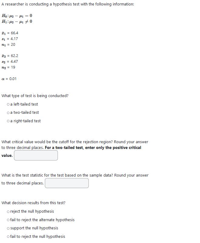 Solved A researcher is conducting a hypothesis test with the | Chegg.com