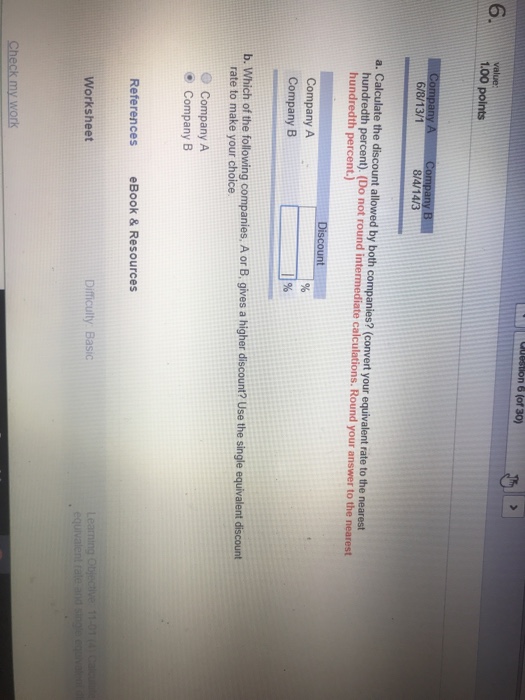 Solved n 6 (of 30) 6 value 1.O0 points 6/8/13/1 8/4/14/3 a.